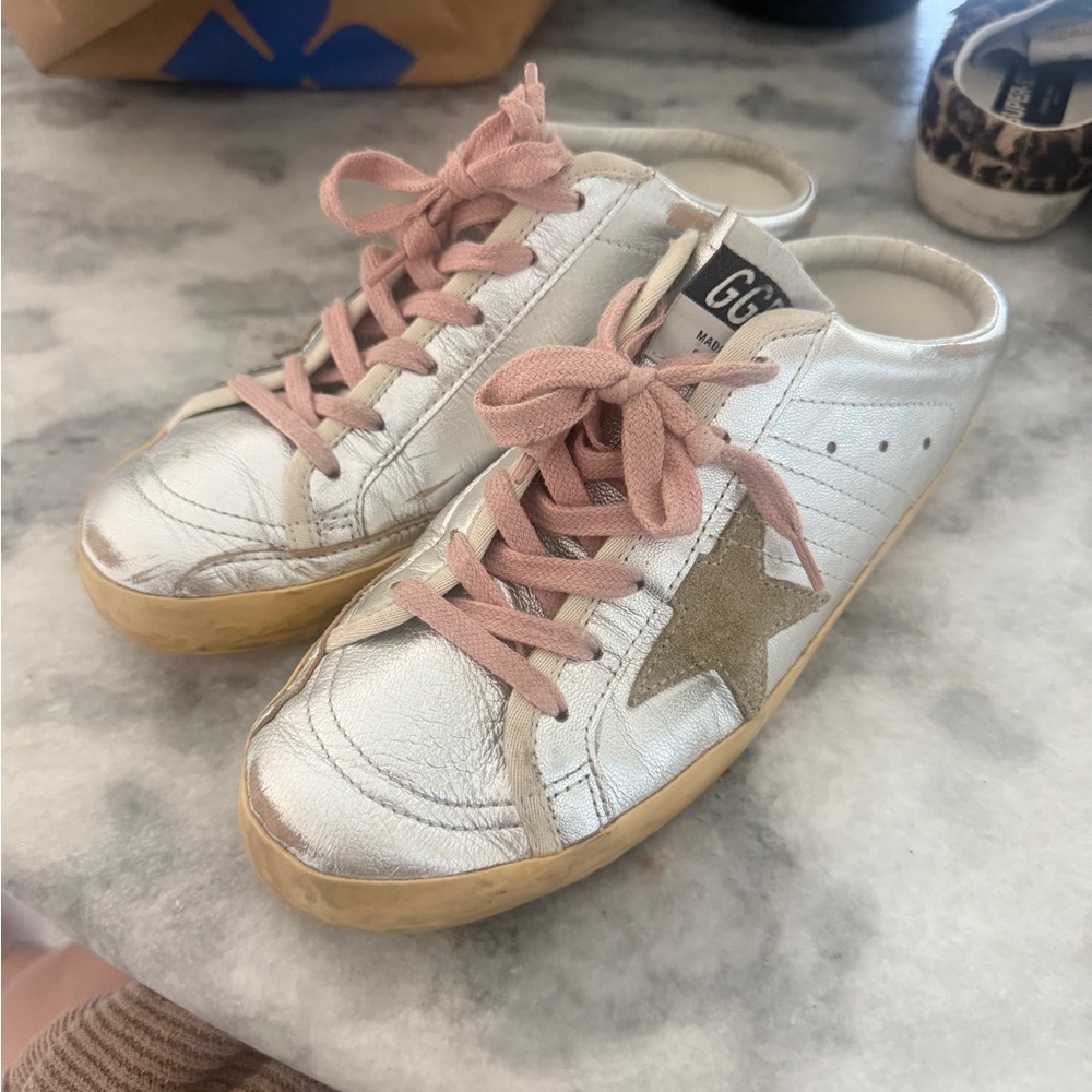 Golden Goose Silver Sneakers with Pink Laces
